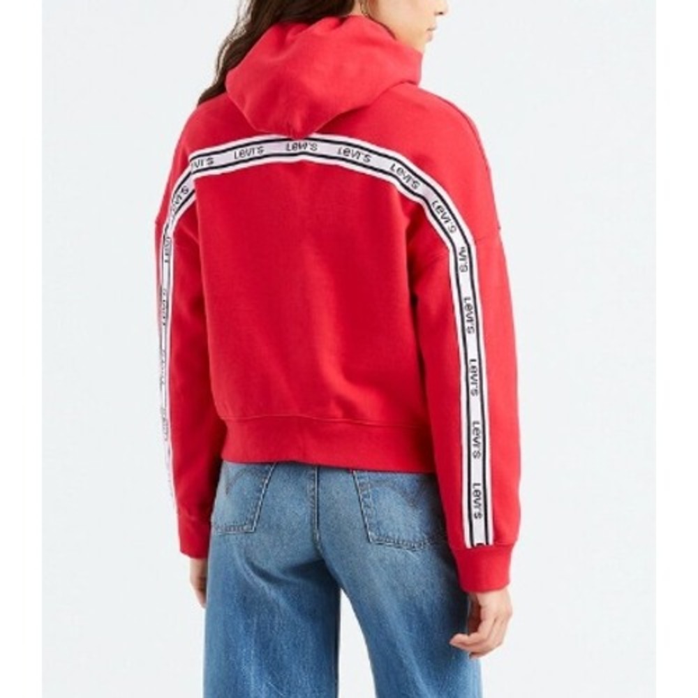 Levis Womens Red Full Zip Cropped Hoodie Logo Tape Back Sweatshirt M Y2k